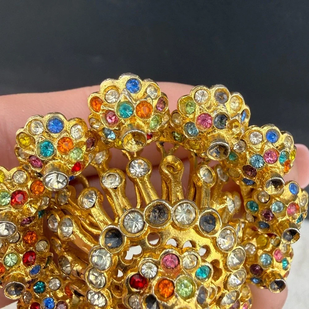 Vintage Rhinestone Dome Brooch Gold Tone Heavy READ